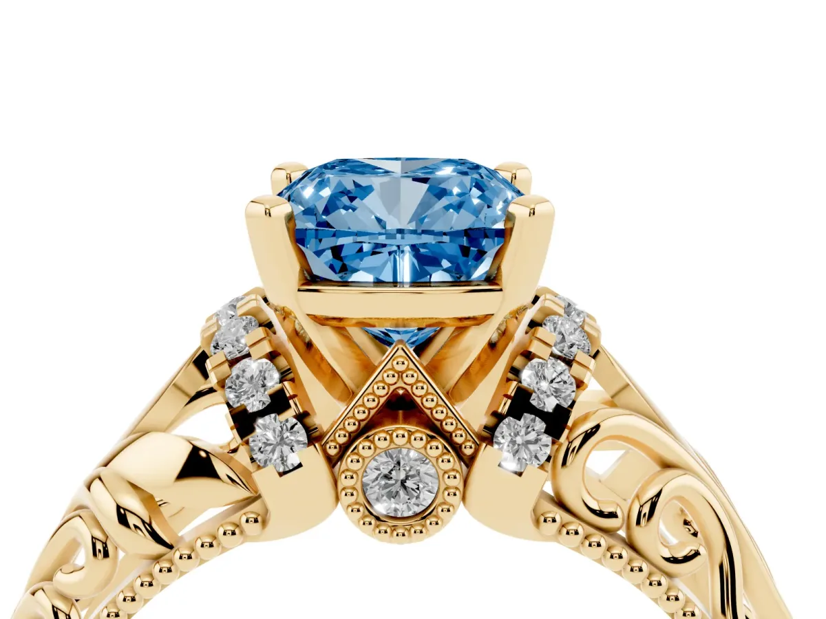 Fancy Blue Cushion Cut Solitaire Filigree Engagement Ring with Halo and Prong Setting Yellow gold
