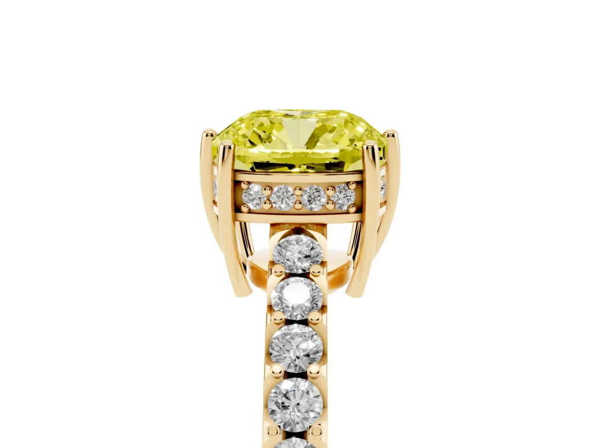Fancy Yellow Cushion Cut Solitaire Diamond Engagement Ring with Pavé Band and Six-Prong Setting Yellow gold