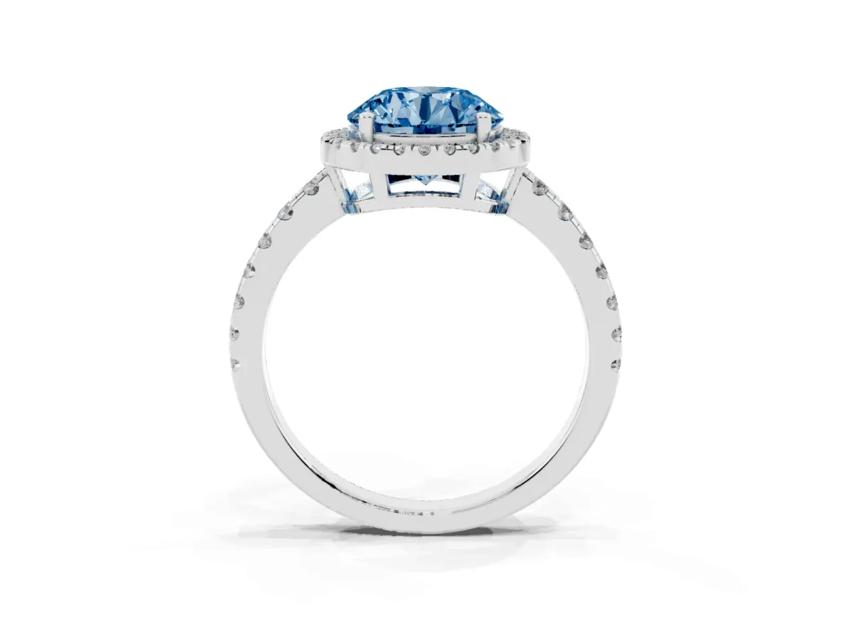 Fancy Blue Round Cut Diamond Halo Ring with Pavé Band and Four-Prong Setting Platinum