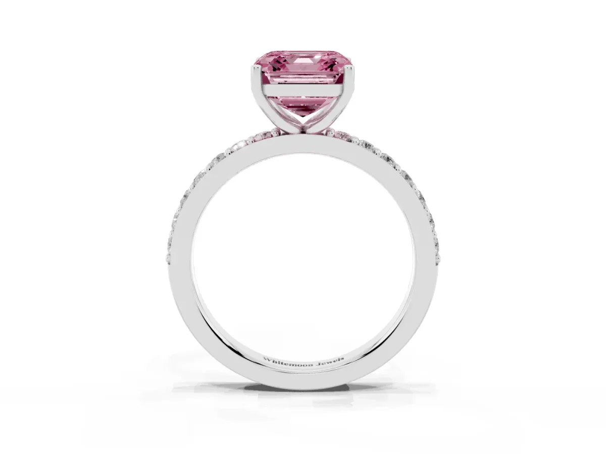 Fancy Pink Asscher Cut Cut Diamond Solitaire with Pave Band and Four-Prong Setting Platinum