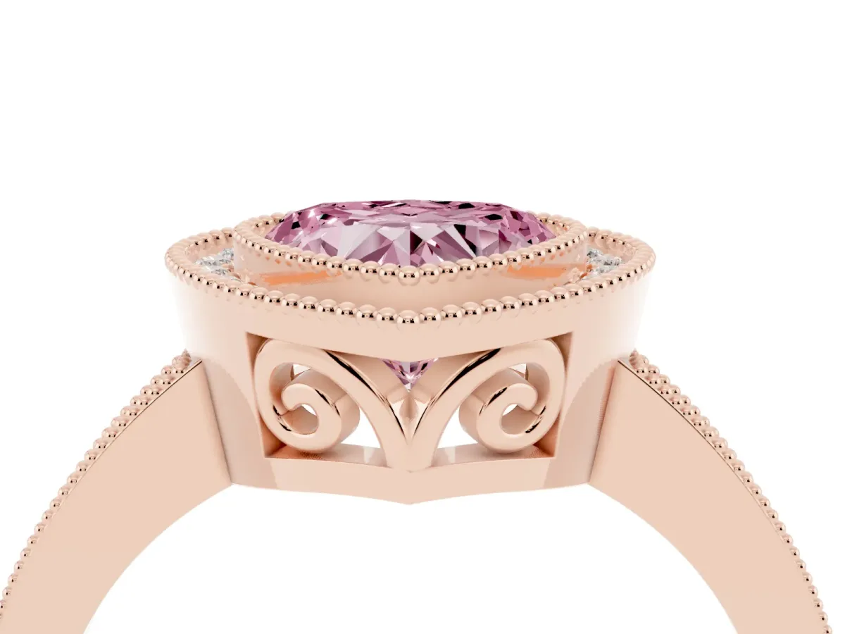 Fancy Pink Heart Cut Cut Halo Diamond Ring with Pavé Band and Milgrain Prong Setting Rose gold