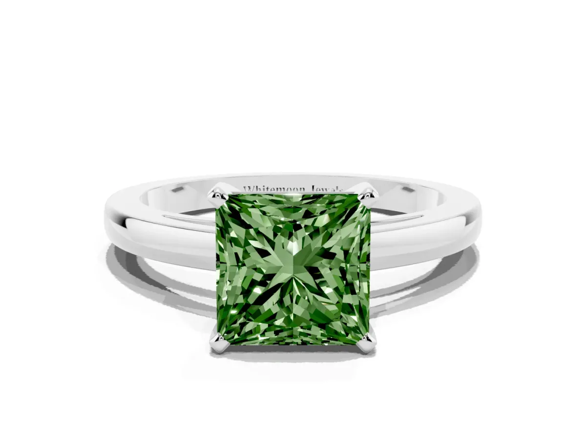 Fancy Green Princess Cut Solitaire Diamond Engagement Ring with Four-Prong Setting on a Classic Band Platinum
