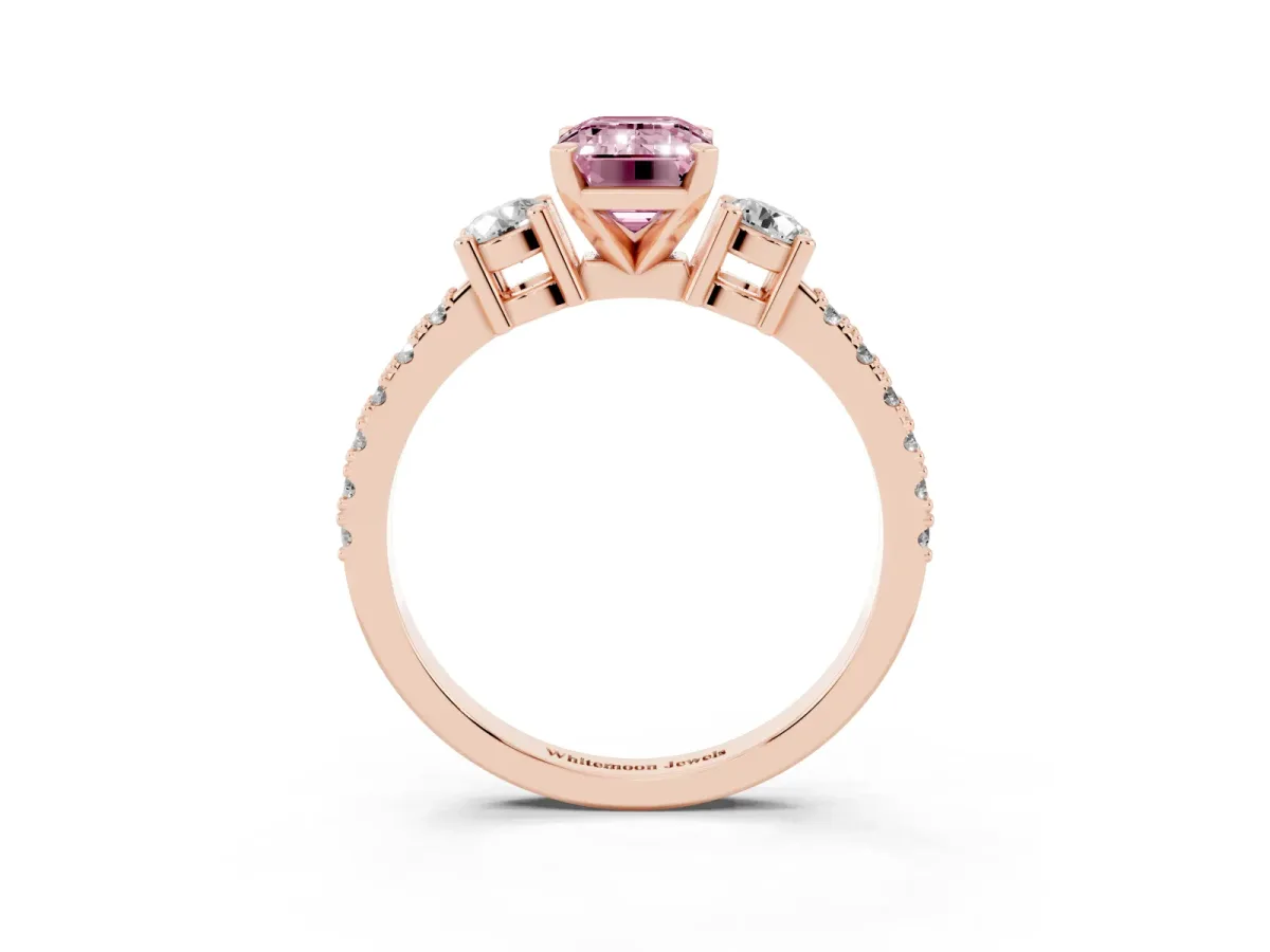 Fancy Pink Emerald Cut Three-Stone Diamond Pavé Band with Prong Setting Rose gold