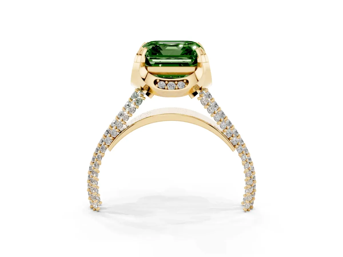 Fancy Green Asscher Cut Solitaire Pave Split Shank Ring with Four-Prong Setting Yellow gold