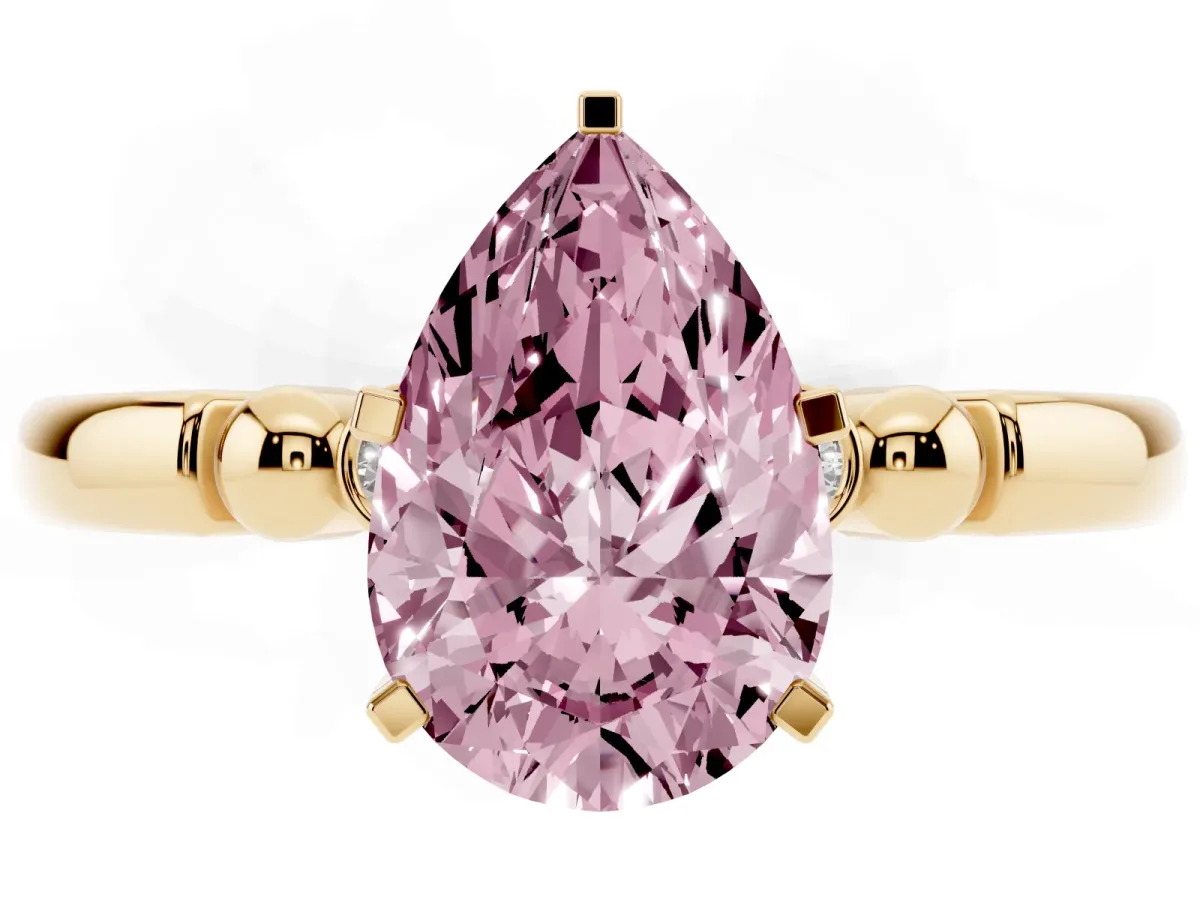 Fancy Pink Pear Cut Solitaire Beaded Band with Four-Prong Setting Yellow gold
