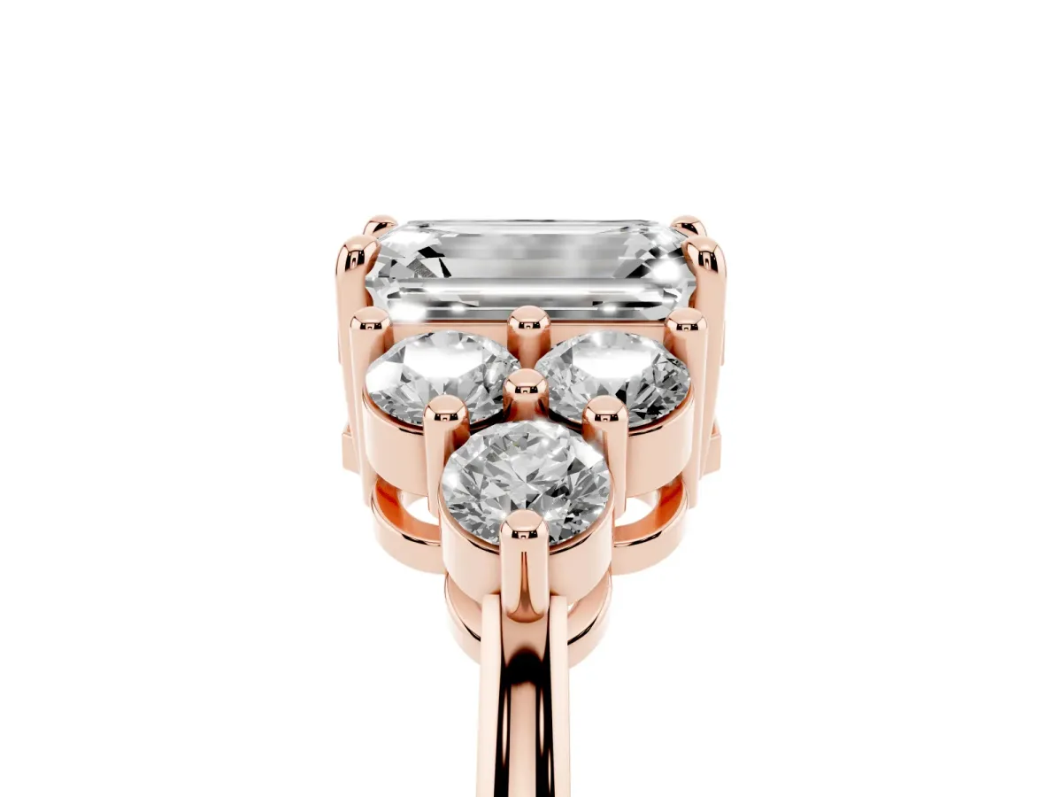 Emerald Cut Brilliant Diamond Cluster Accent Solitaire Ring with Prong Setting Rose gold