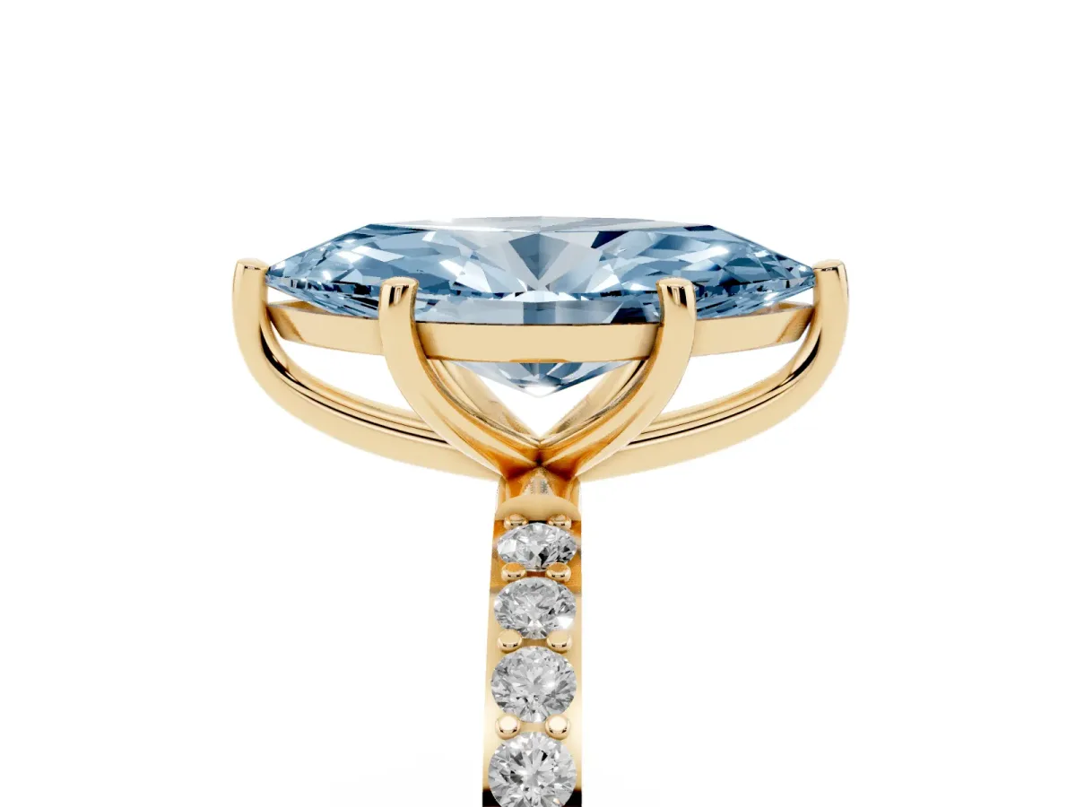Fancy Blue Marquise Cut Diamond Solitaire Ring with Round Pavé Shoulders and Prong Setting Yellow gold