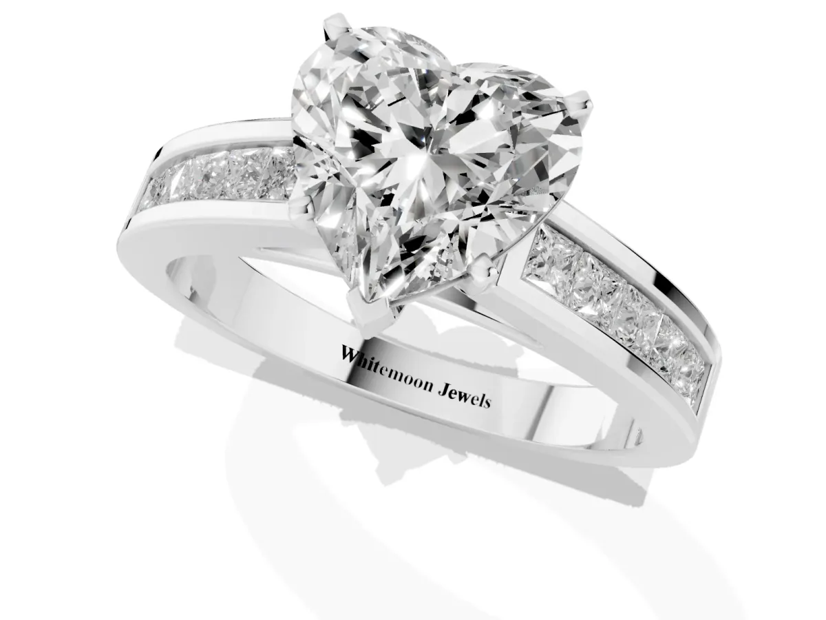 Heart Cut Solitaire Diamond Ring with Channel-Set Band and Four-Prong Setting Silver