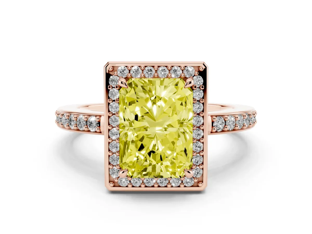 Fancy Yellow Radiant Cut Halo Pave Band Solitaire Ring with Prong Setting Rose gold