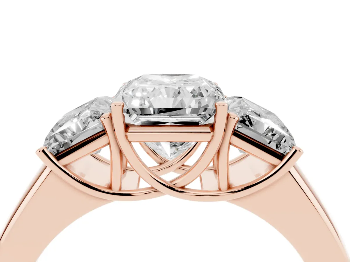 Three-Stone Radiant Cut Cut Diamond Ring with Prong Setting and Classic Band Rose gold