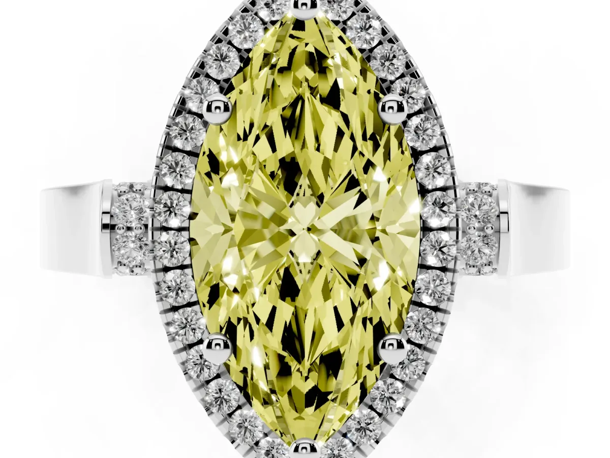 Fancy Yellow Marquise Cut Halo Round Diamond Twist Band with Four-Prong Setting Platinum