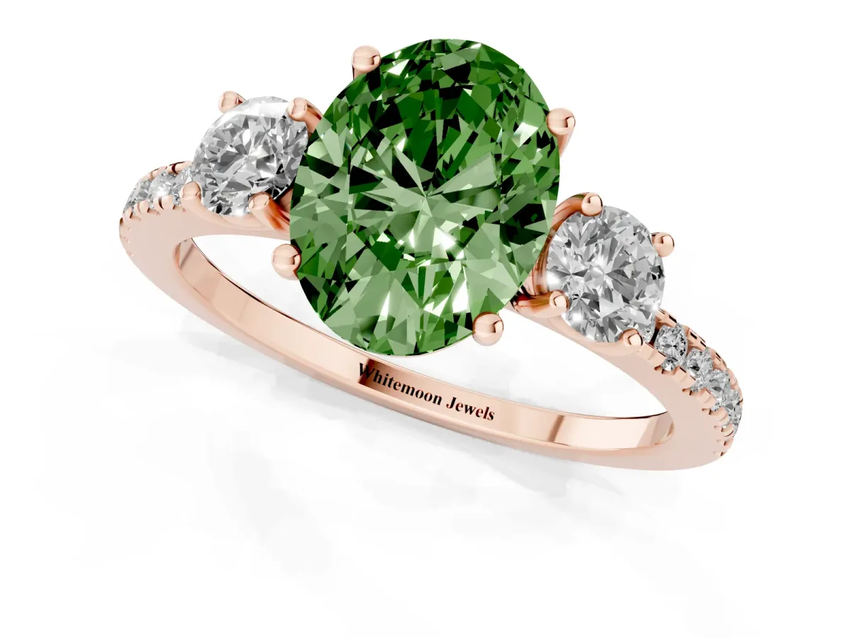 Fancy Green Three-Stone Oval Cut Cut Diamond Pavé Band with Prong Setting Rose gold