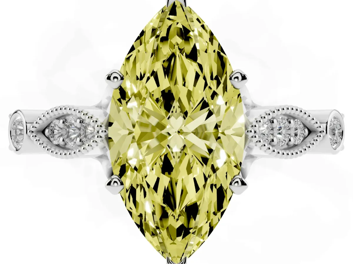 Fancy Yellow Marquise Cut Cut Diamond with Milgrain Marquise and Bezel Accents on a Solitaire Band with Prong Setting Silver