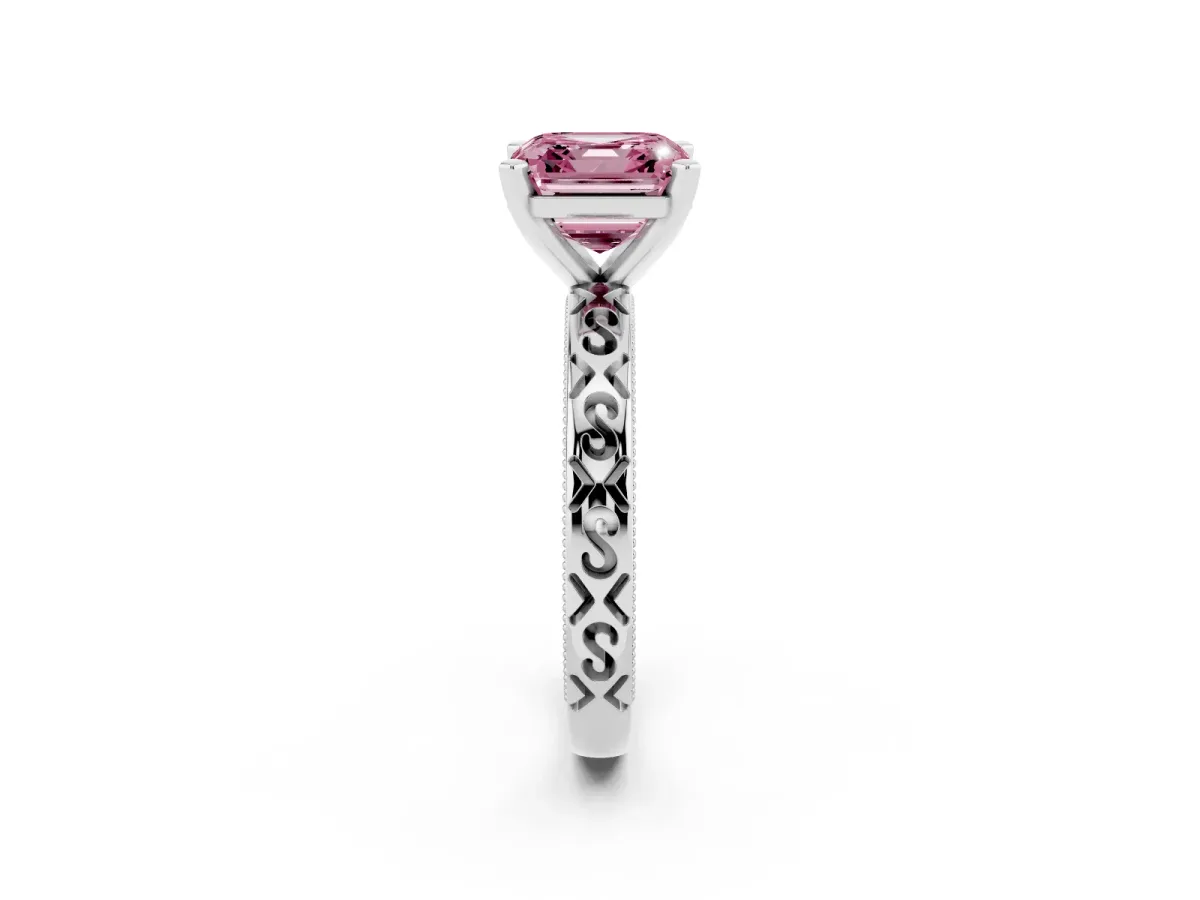 Fancy Pink Asscher Cut Solitaire Engagement Ring with Scrollwork Band and Four-Prong Setting Silver