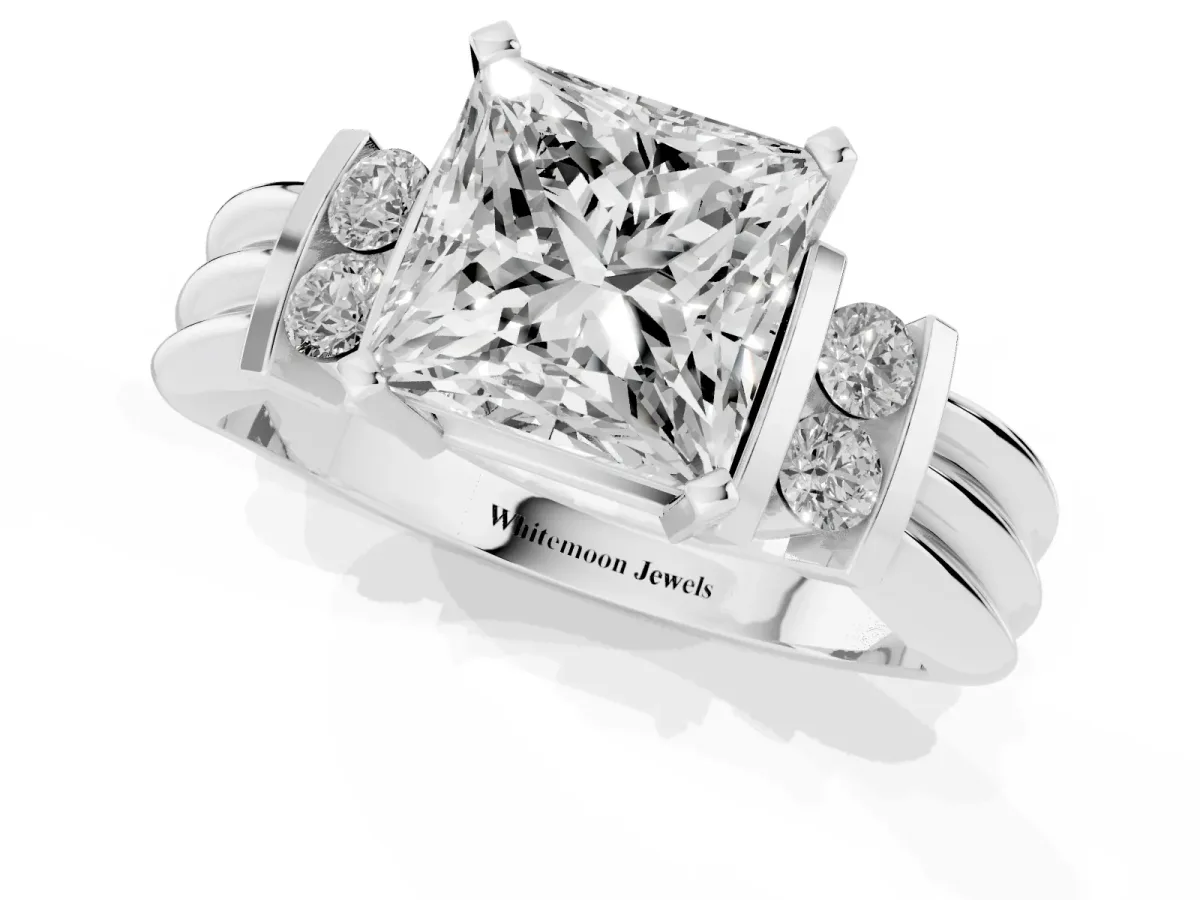 Princess Cut Cut Three-Stone Channel Set Ring with Bar Prongs Silver