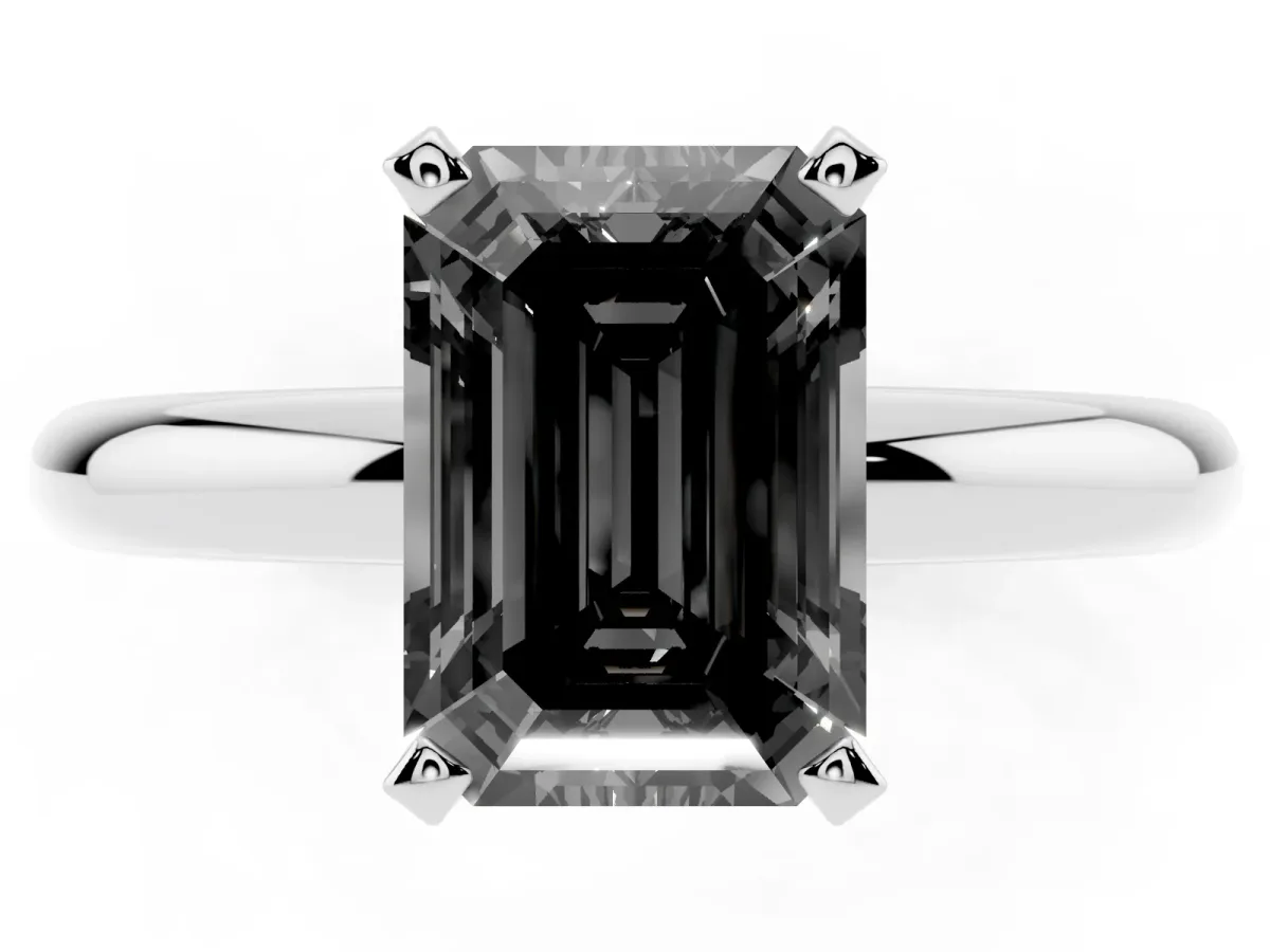 Fancy Black Emerald Cut Diamond Solitaire Engagement Ring with Round Band and Four-Prong Setting Platinum