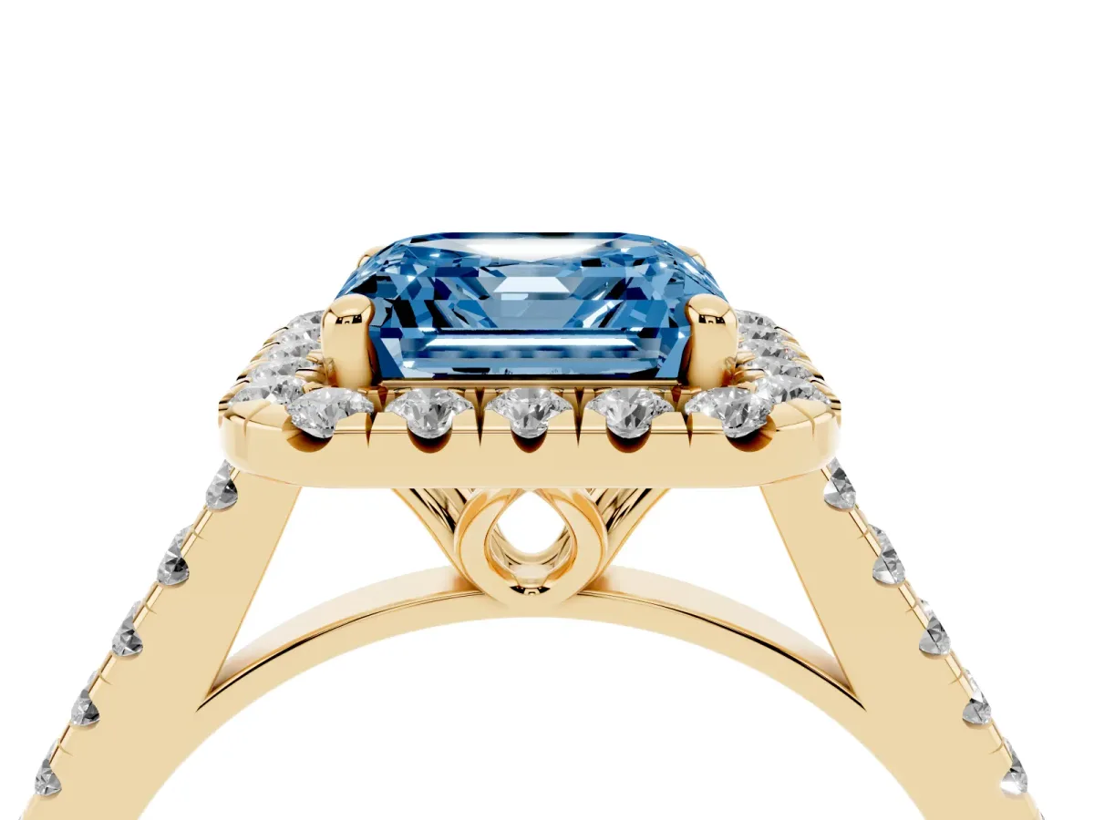 Fancy Blue Asscher Cut Halo Pavé Diamond Engagement Ring with Four-Prong Setting Yellow gold