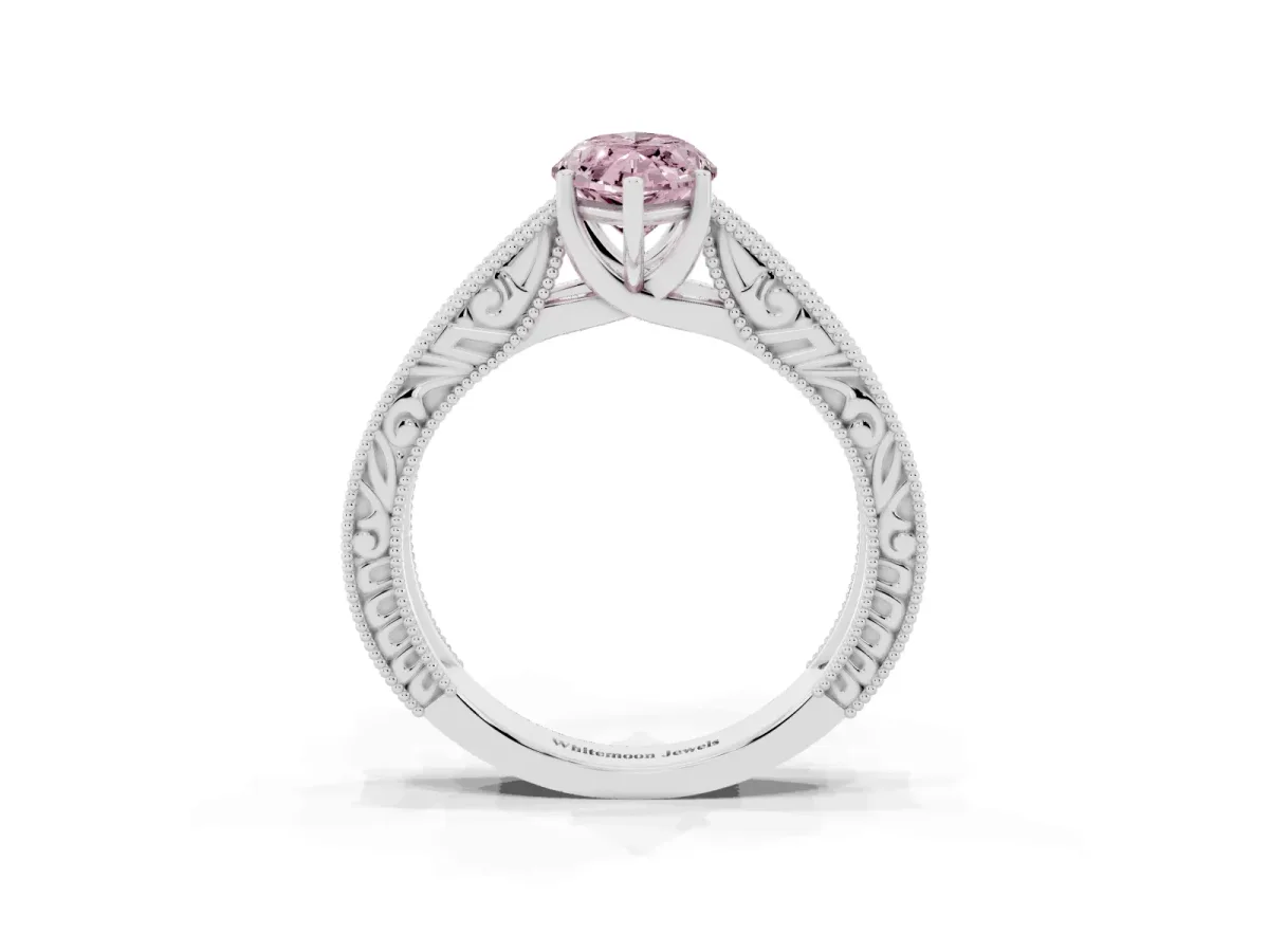 Fancy Pink Marquise Cut Diamond Solitaire Ring with Engraved Band and Four-Prong Setting White gold