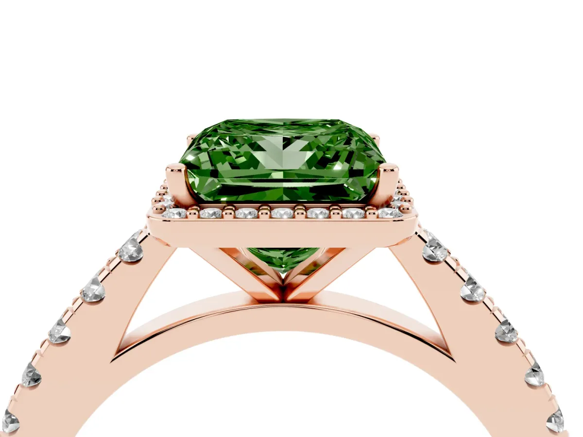 Fancy Green Princess Cut Cut Halo Diamond Engagement Ring with Pave Band and Four-Prong Setting Rose gold