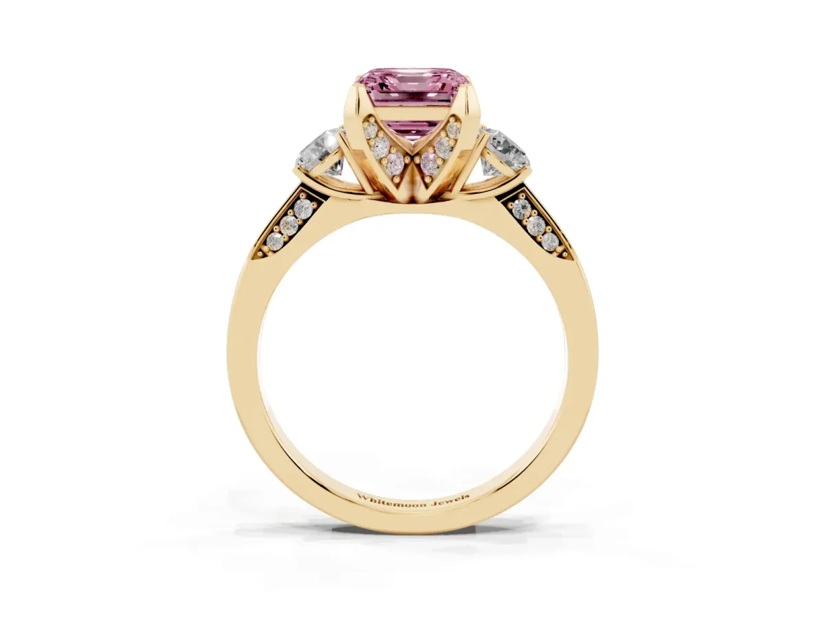 Fancy Pink Asscher Cut Brilliant Three-Stone Diamond Ring with Pavé Band and Four-Prong Setting Yellow gold