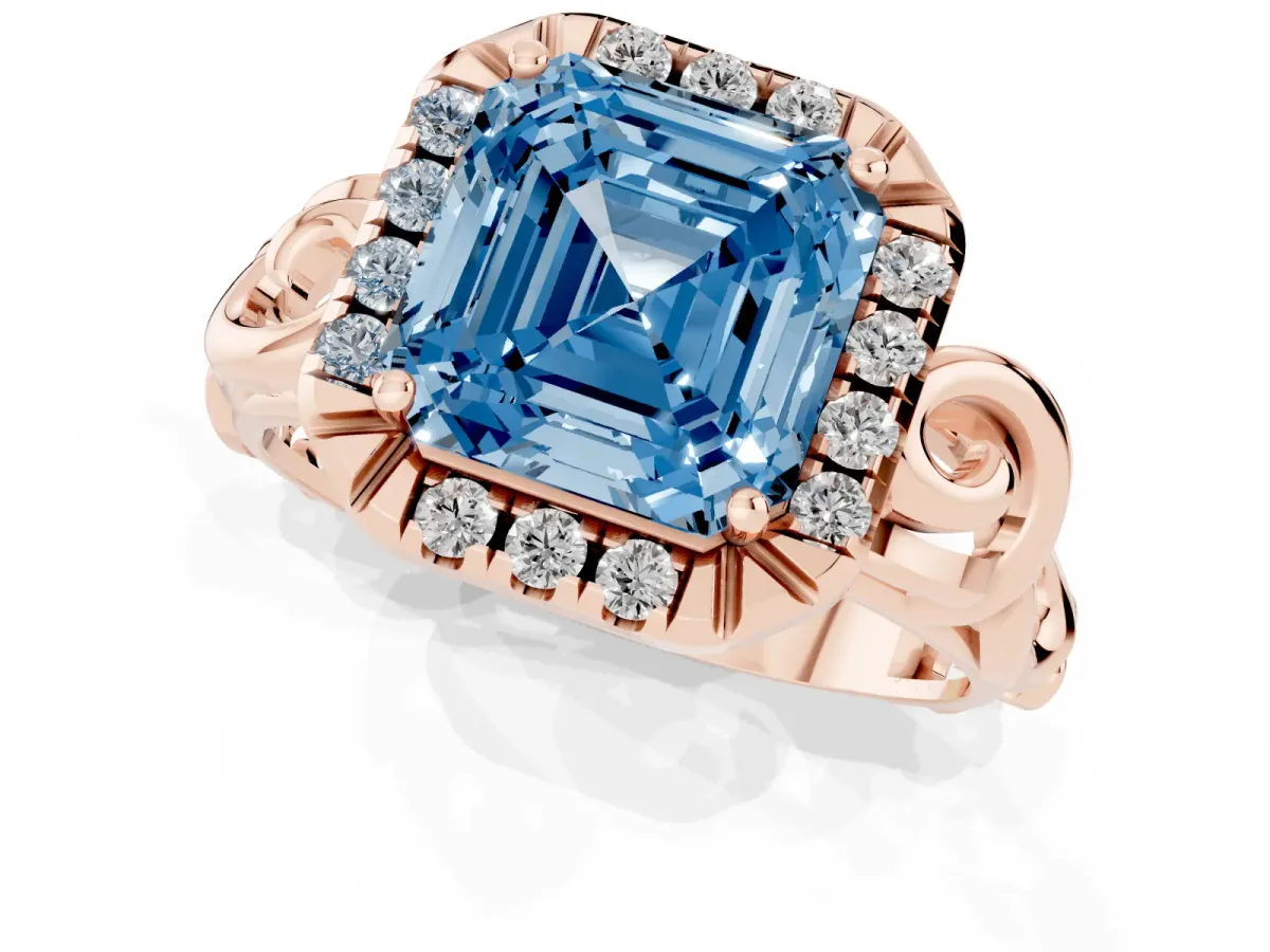 Fancy Blue Asscher Cut Cut Halo Diamond Ring with Scrollwork Band and Four-Prong Setting Rose gold
