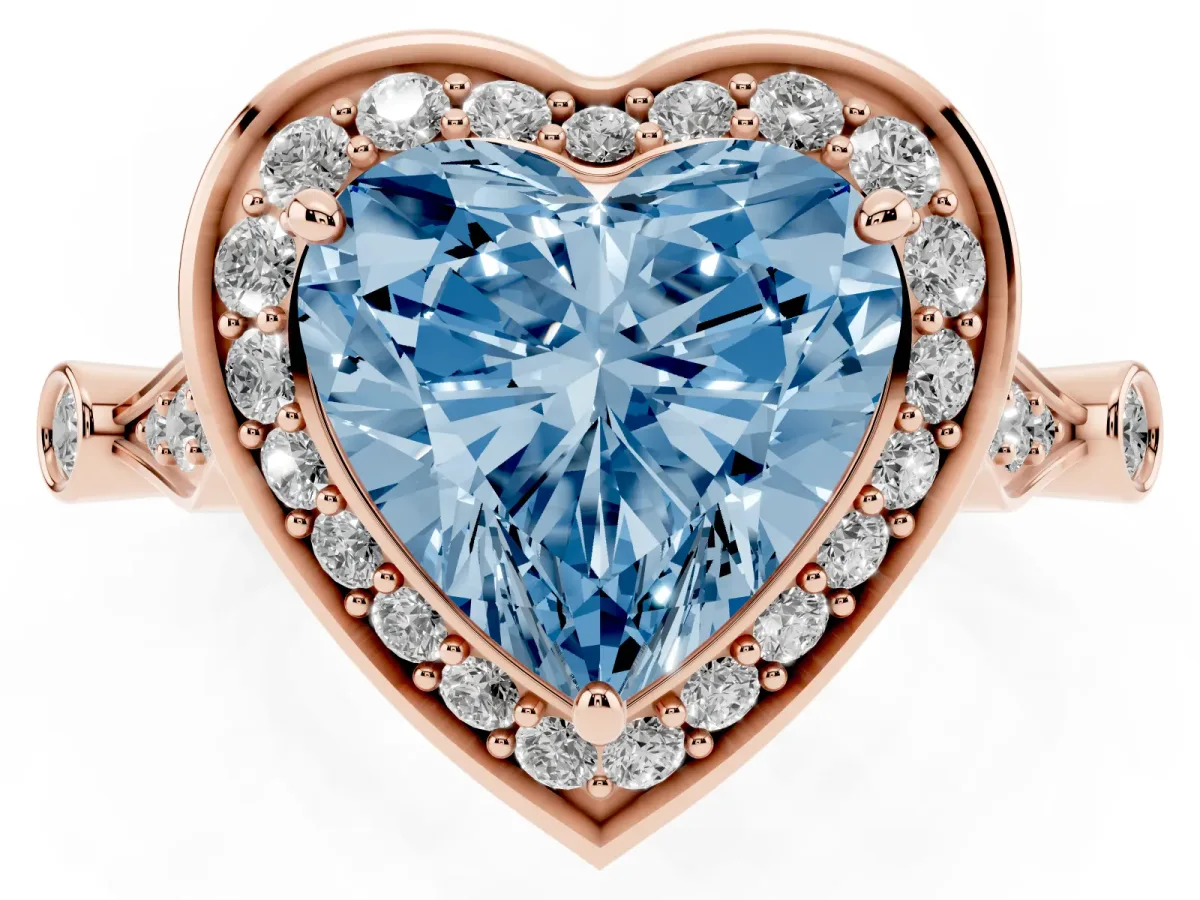 Fancy Blue Heart Cut Halo Diamond Engagement Ring with Twisted Band and Four-Prong Setting Rose gold