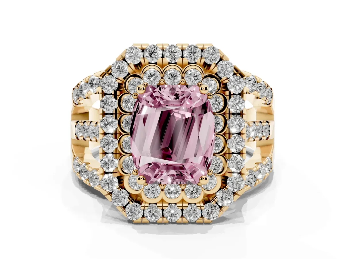 Fancy Pink Emerald Cut Diamond Double Halo Ring with Round Pavé Split Shank and Prong Setting Yellow gold