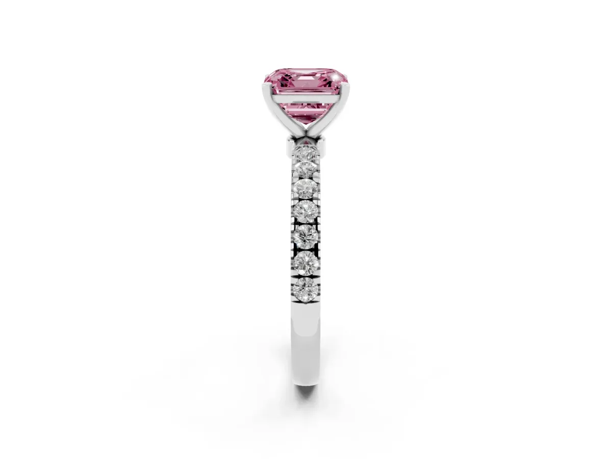 Fancy Pink Asscher Cut Diamond Solitaire Ring with Pavé Accents and Four-Prong Setting Platinum