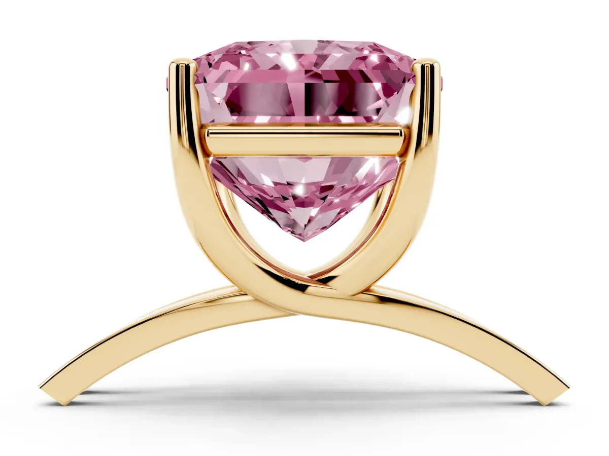 Fancy Pink Radiant Cut Cut Diamond Solitaire Engagement Ring with Tapered Plain Band and Four-Prong Setting Yellow gold