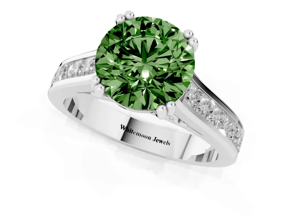 Fancy Green Round Cut Cut Channel Set Solitaire Engagement Ring with Prong Setting Platinum