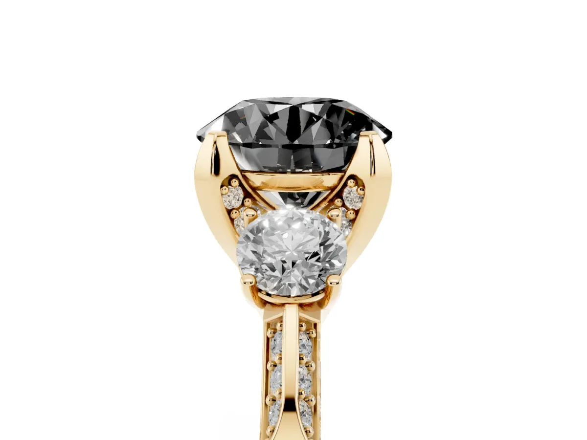 Fancy Black Round Cut Brilliant Three-Stone Diamond Ring with Pavé Band and Four-Prong Setting Yellow gold
