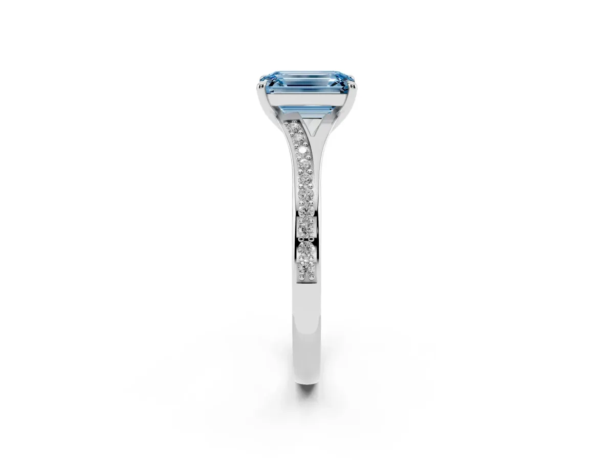 Fancy Blue Emerald Cut Diamond Solitaire Ring with Pavé Band and Prong Setting Platinum