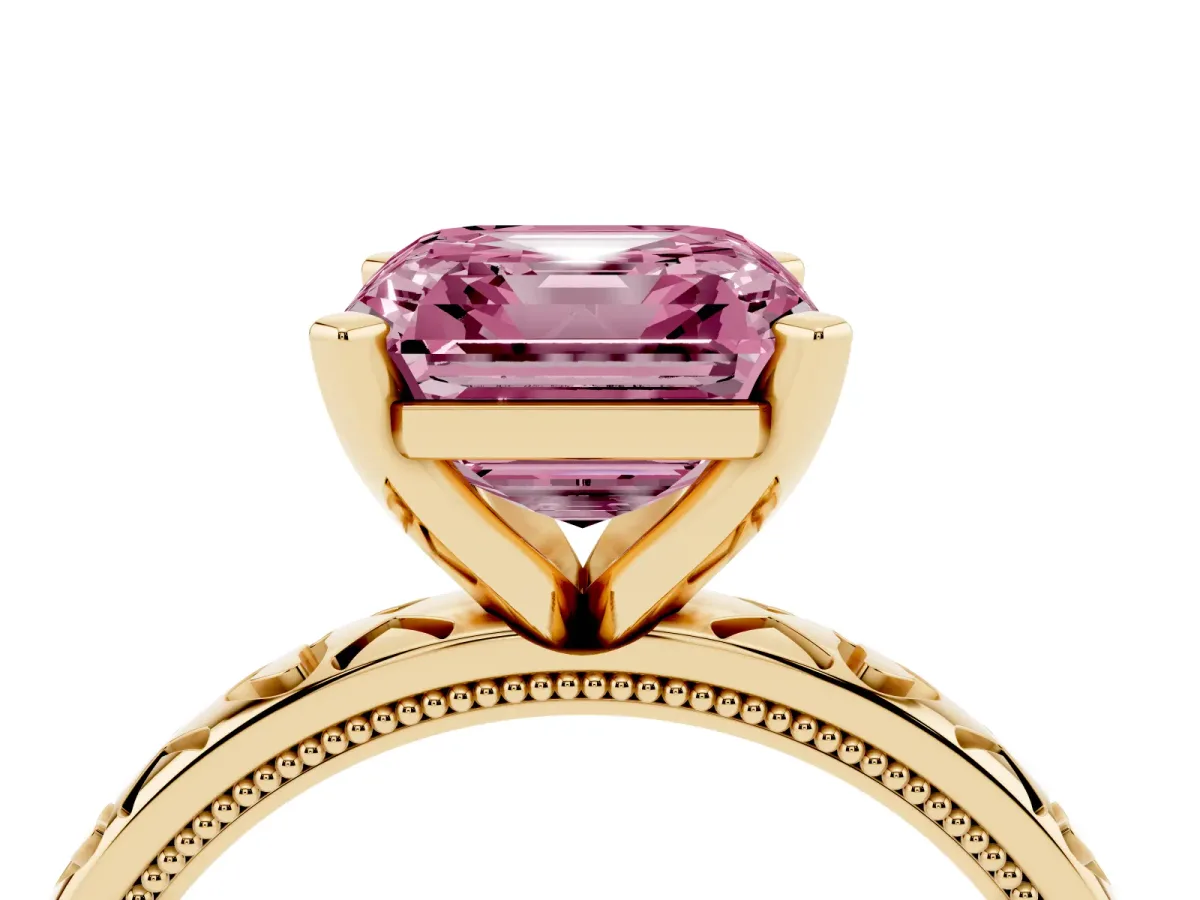 Fancy Pink Asscher Cut Solitaire Diamond Engagement Ring with XO Engraved Band and Four-Prong Setting Yellow gold