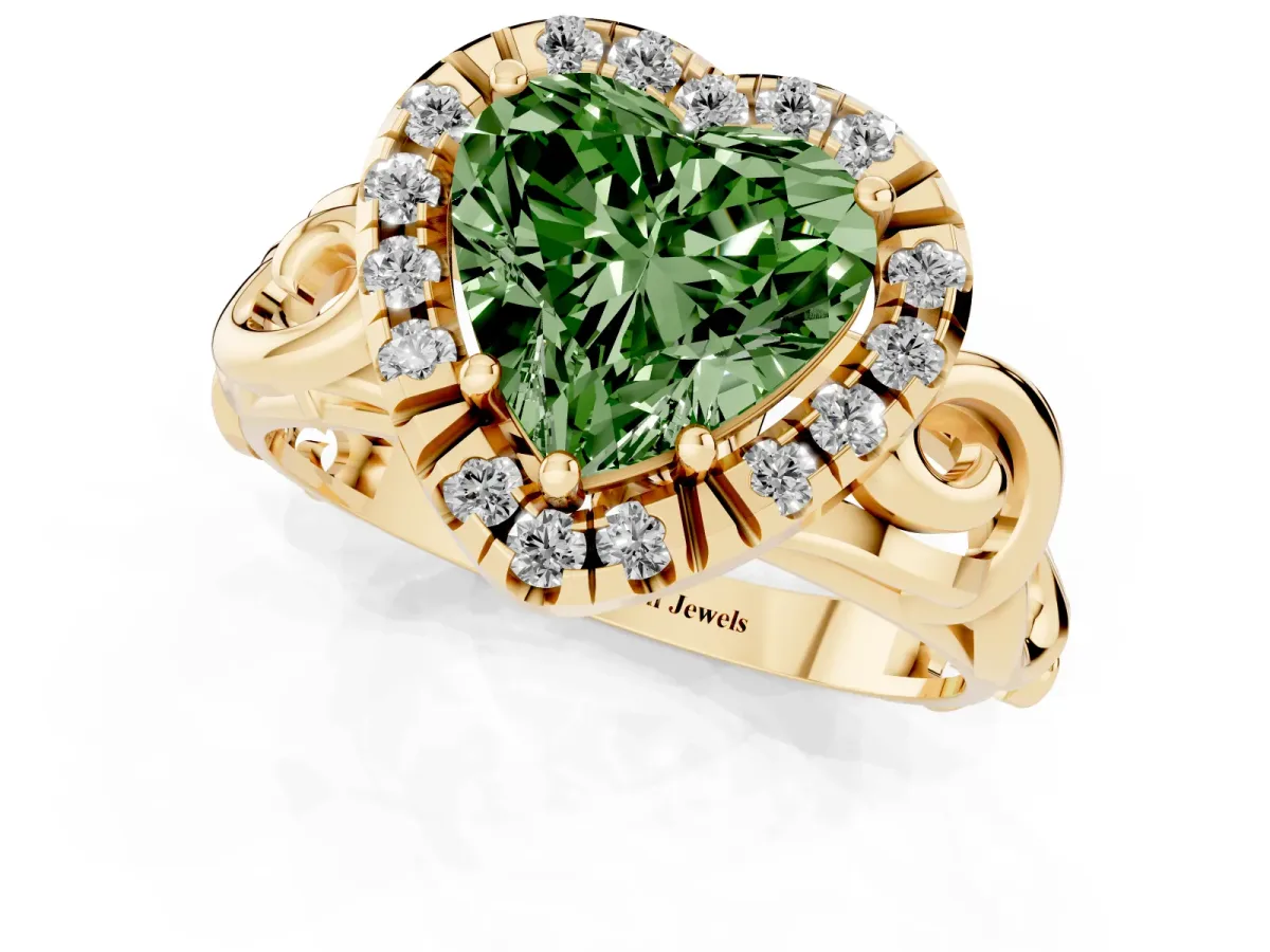 Fancy Green Heart Cut Cut Halo Diamond Ring with Scrollwork Band and Four-Prong Setting Yellow gold