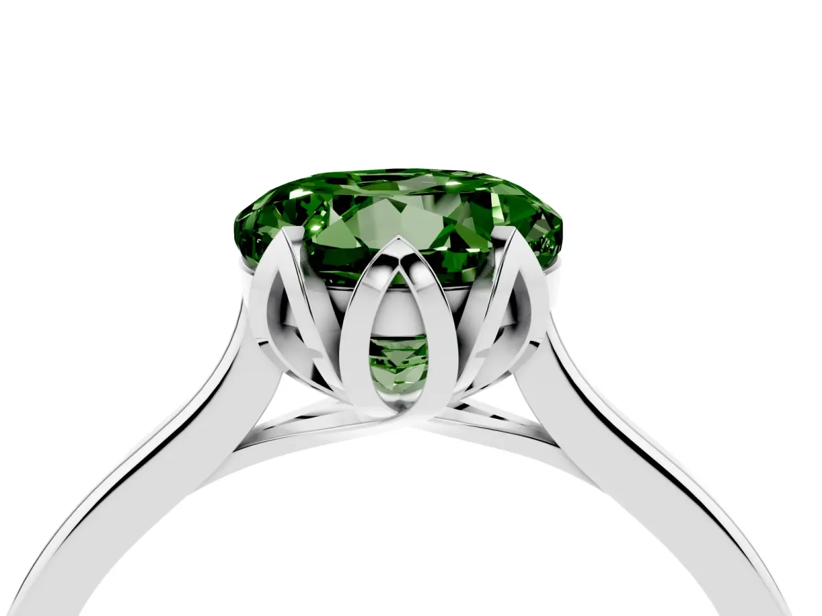 Fancy Green Round Cut Diamond Solitaire Ring with Flower Prong Setting and Classic Band Silver