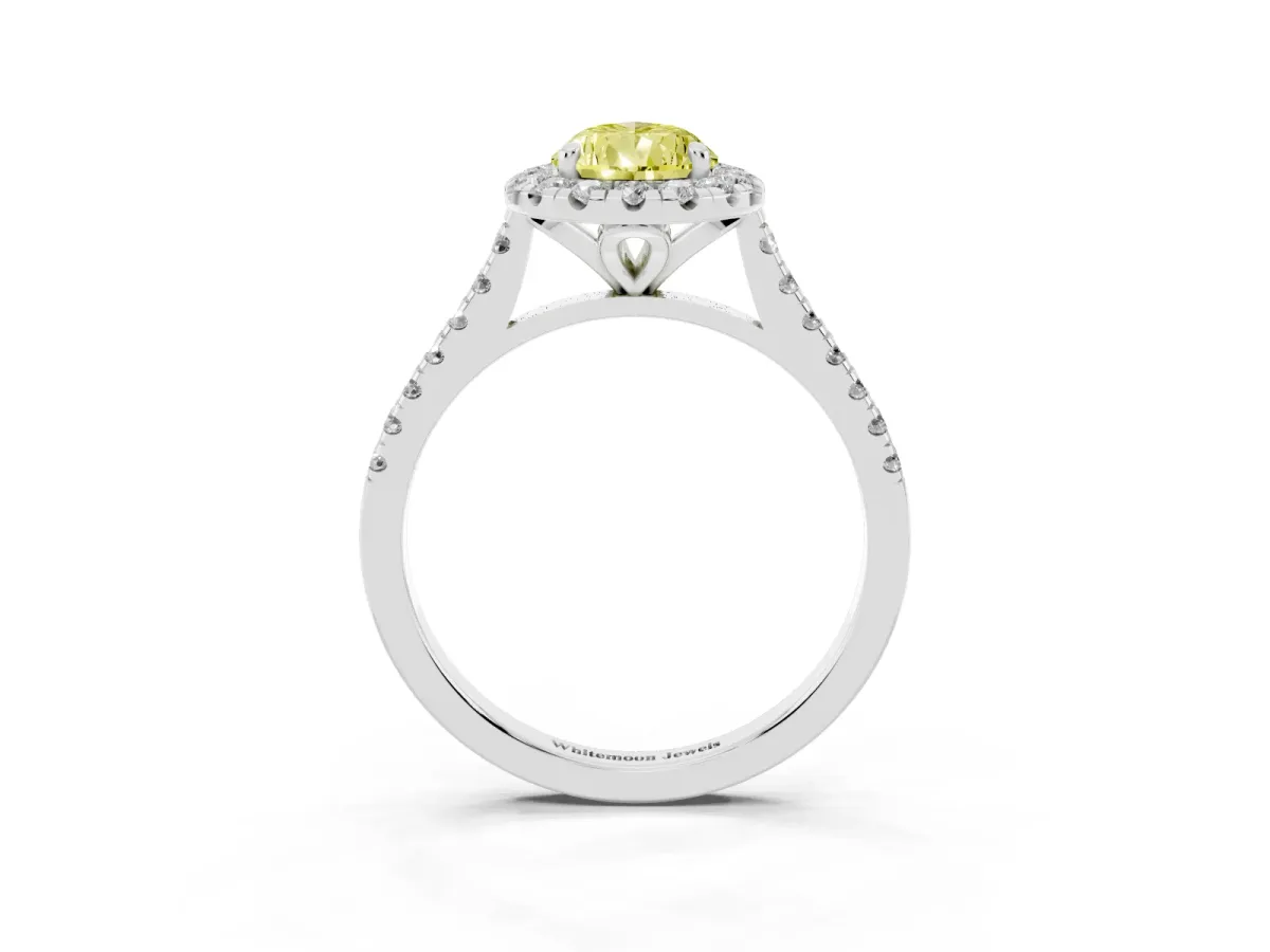 Fancy Yellow Pear Cut Diamond Cushion Halo Ring with Pavé Band Silver