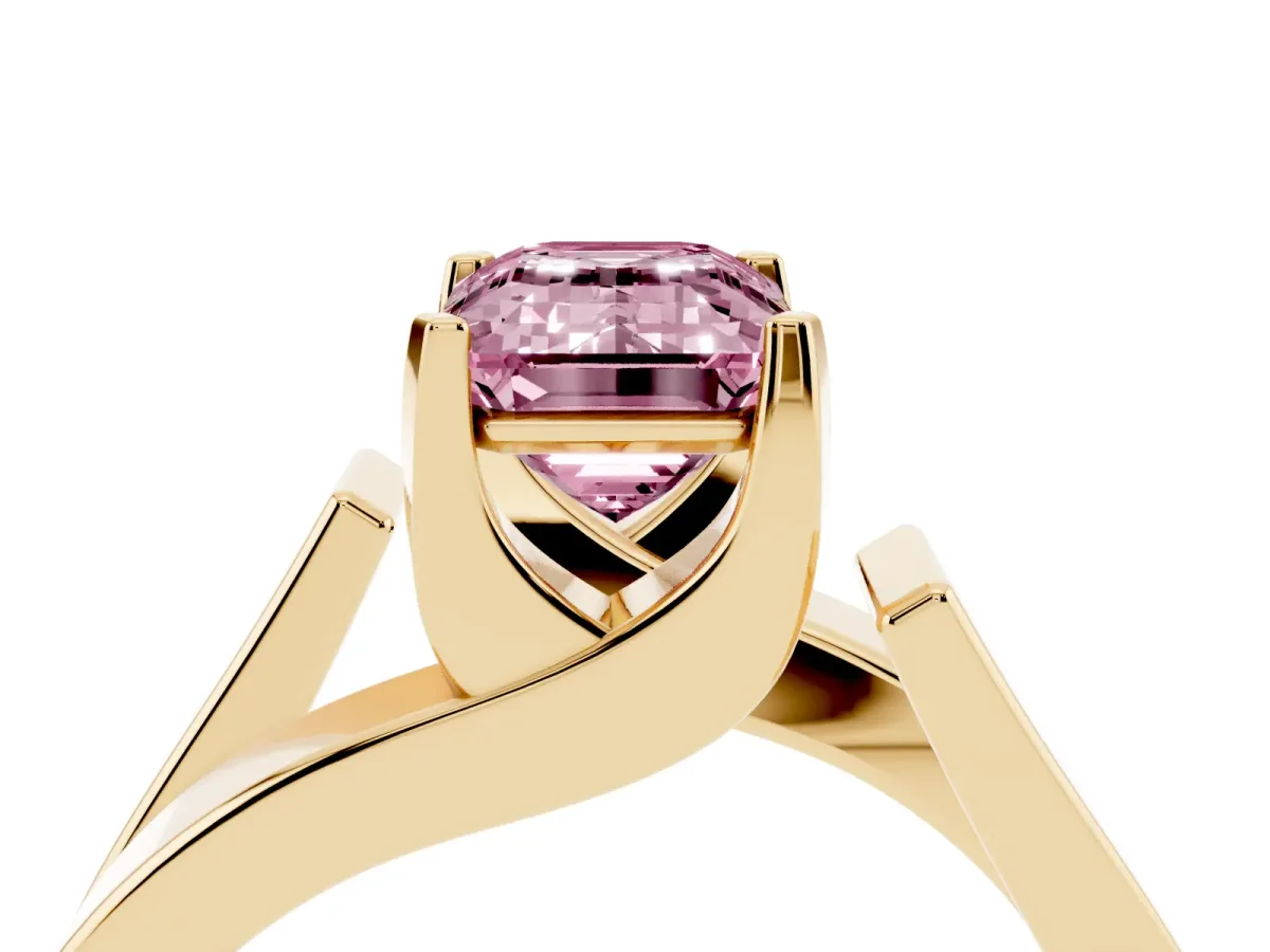 Fancy Pink Modern Tension Set Emerald Cut Diamond Solitaire Wide Band Ring Yellow gold