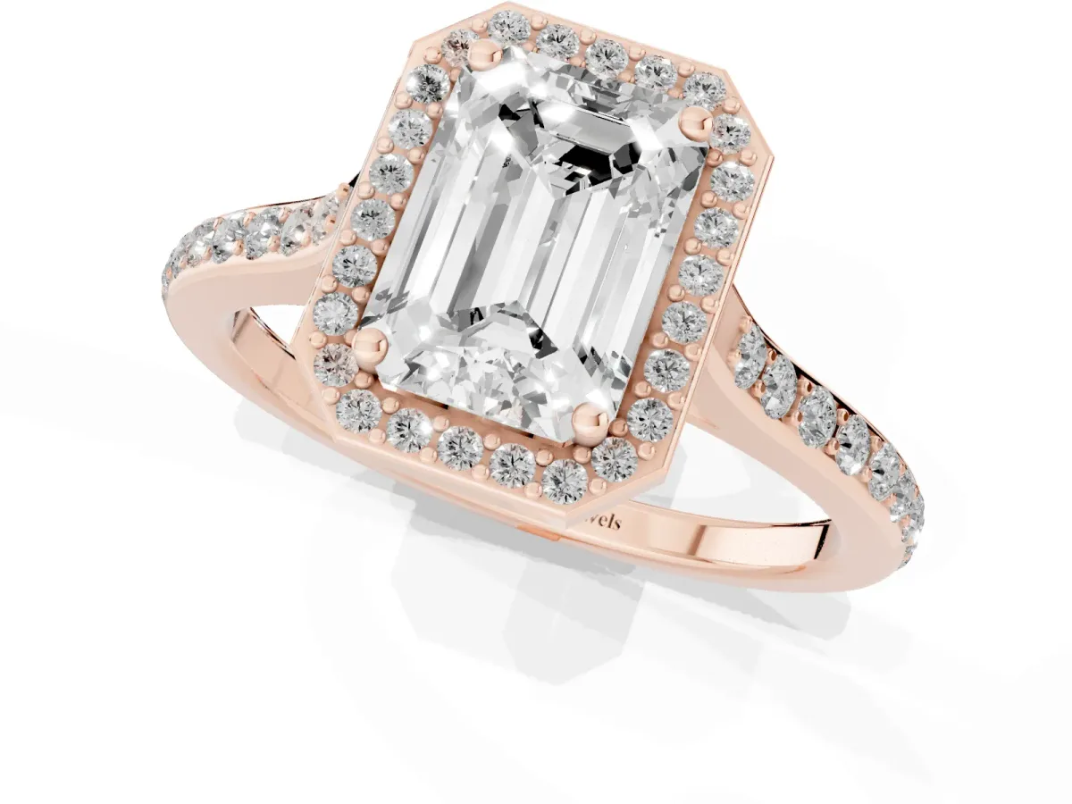 Emerald Cut Diamond Halo Engagement Ring with Round Pavé Shoulders and Prong Setting Rose gold