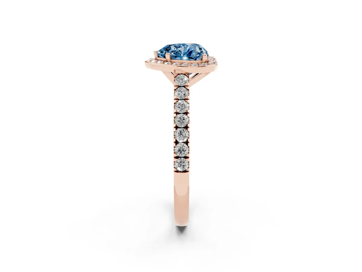 Fancy Blue Heart Cut Cut Halo Diamond Engagement Ring with Pave Band and Four-Prong Setting Rose gold