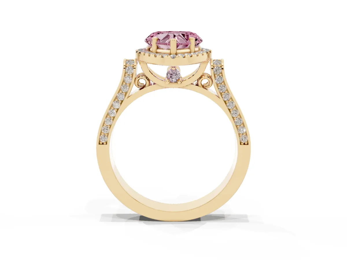 Fancy Pink Heart Cut Halo Round Diamond Twist Band with Four-Prong Setting Yellow gold