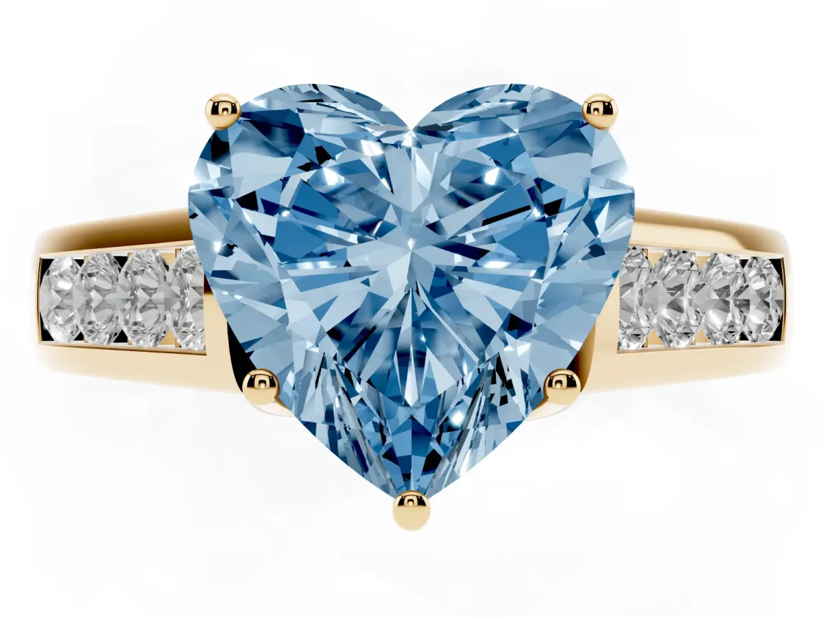 Fancy Blue Heart Cut Brilliant Channel-Set Solitaire Ring with Four-Prong Setting Yellow gold