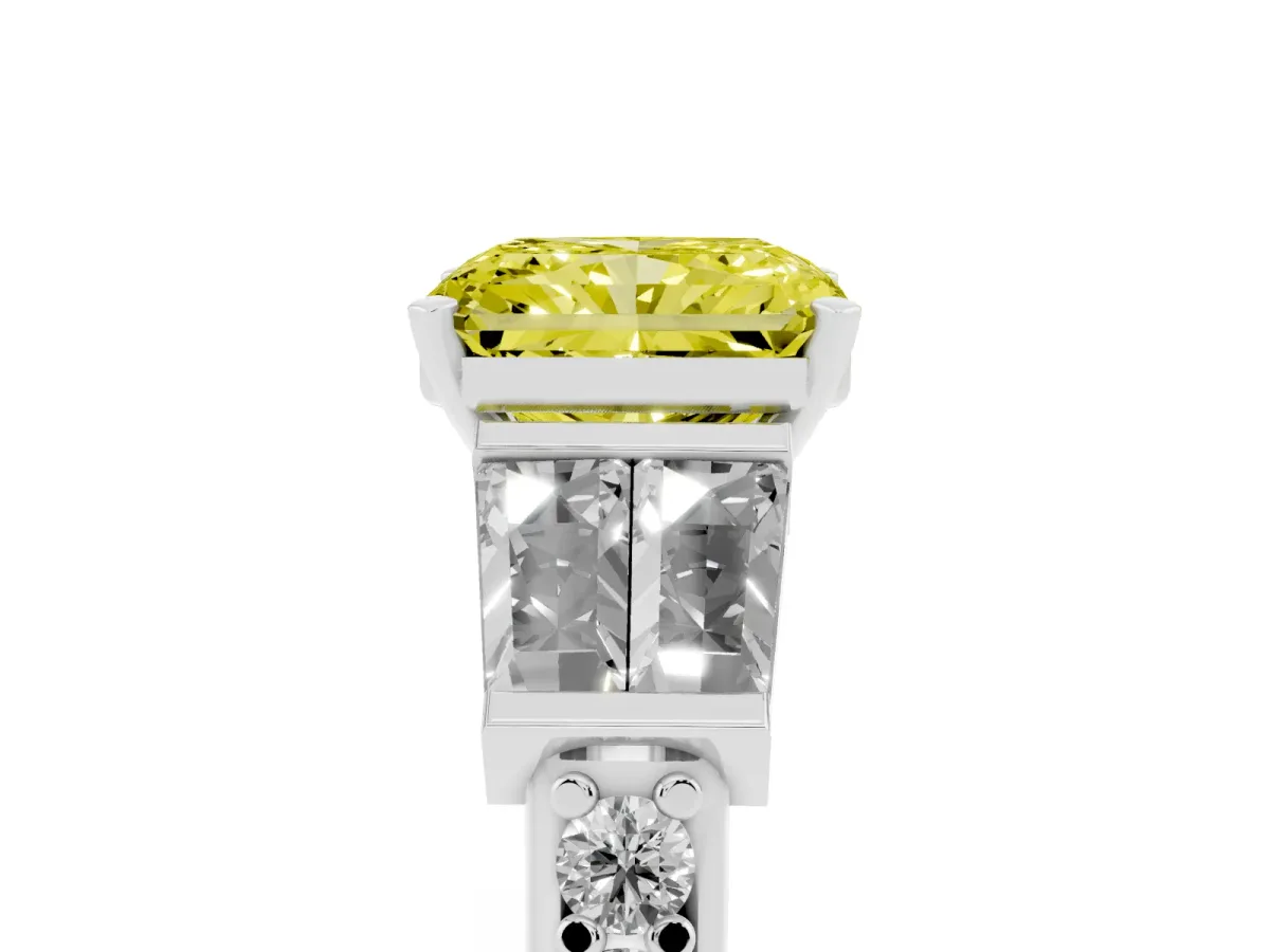 Fancy Yellow Radiant Cut Diamond Engagement Ring with Baguette Side Stones and Channel Set Band White gold