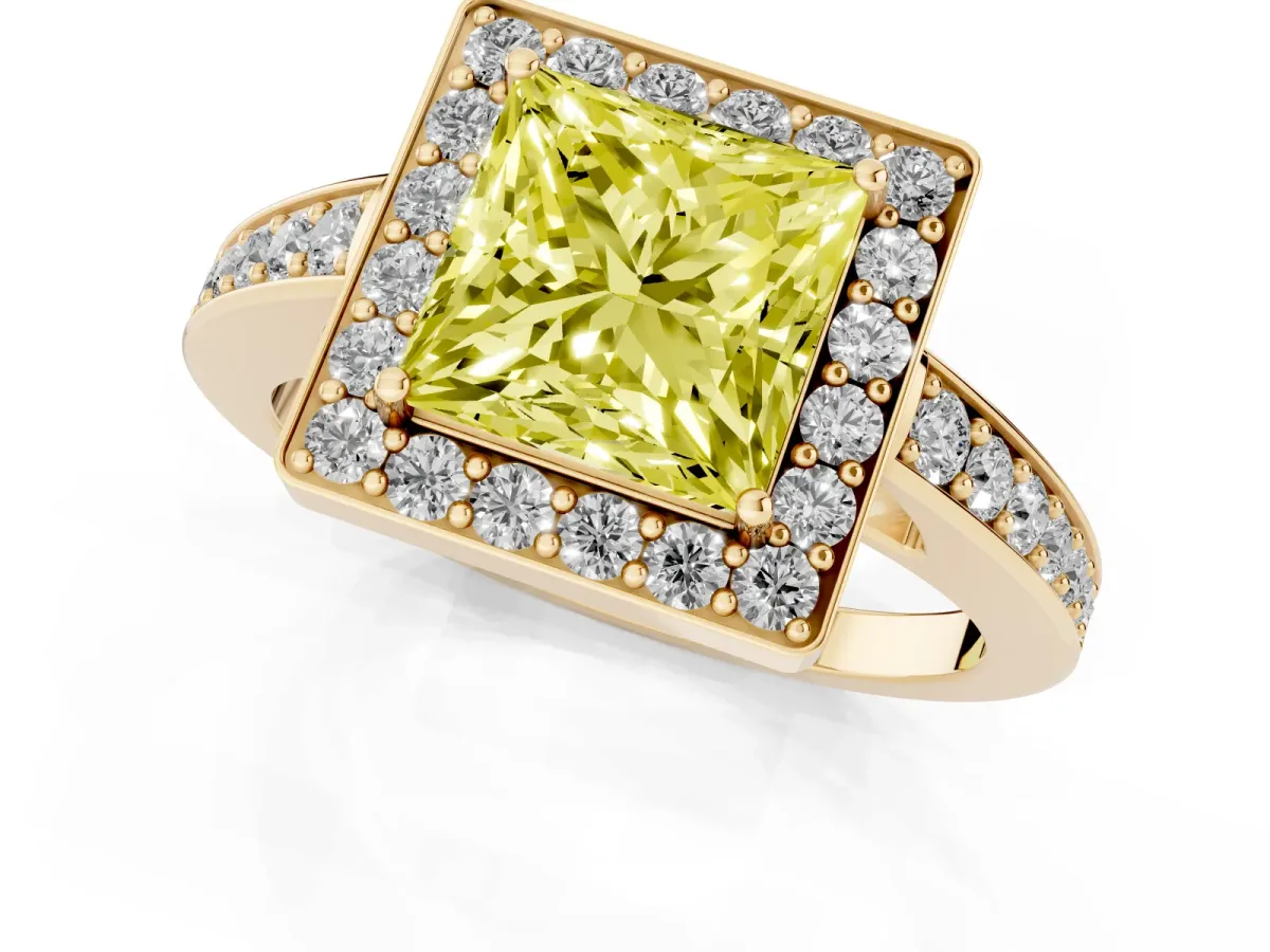 Fancy Yellow Princess Cut Halo Pavé Diamond Engagement Ring with Bezel Setting Yellow gold