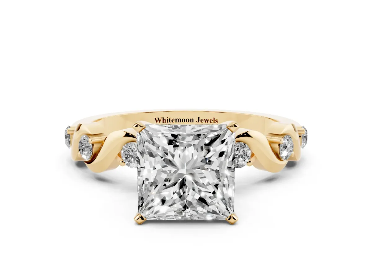 Princess Cut Diamond Solitaire Twisted Band with Round Accents and Prong Setting Yellow gold