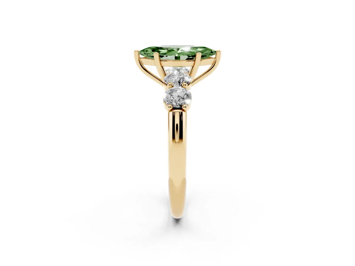 Fancy Green Marquise Cut Cut Five-Stone Prong Set Diamond Ring with Classic Band Yellow gold