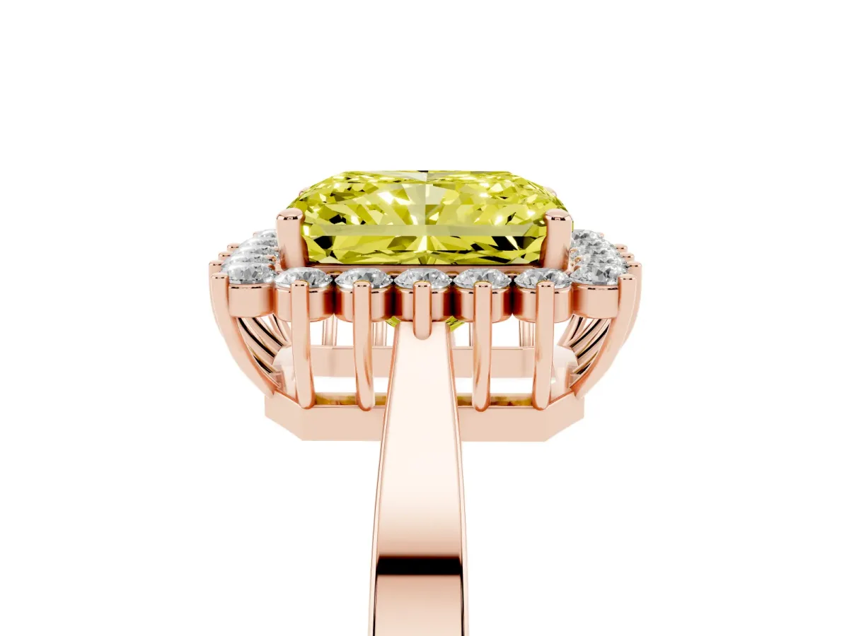 Fancy Yellow Radiant Cut Cut Diamond Halo Ring with Round Brilliant Halo and Solitaire Band Rose gold