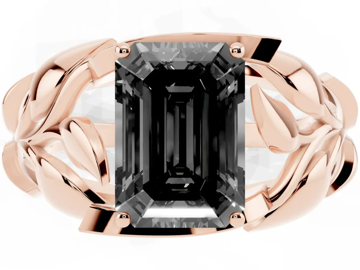 Fancy Black Emerald Cut Diamond Leaf-Inspired Engagement Ring with Round Accents and Prong Setting Rose gold