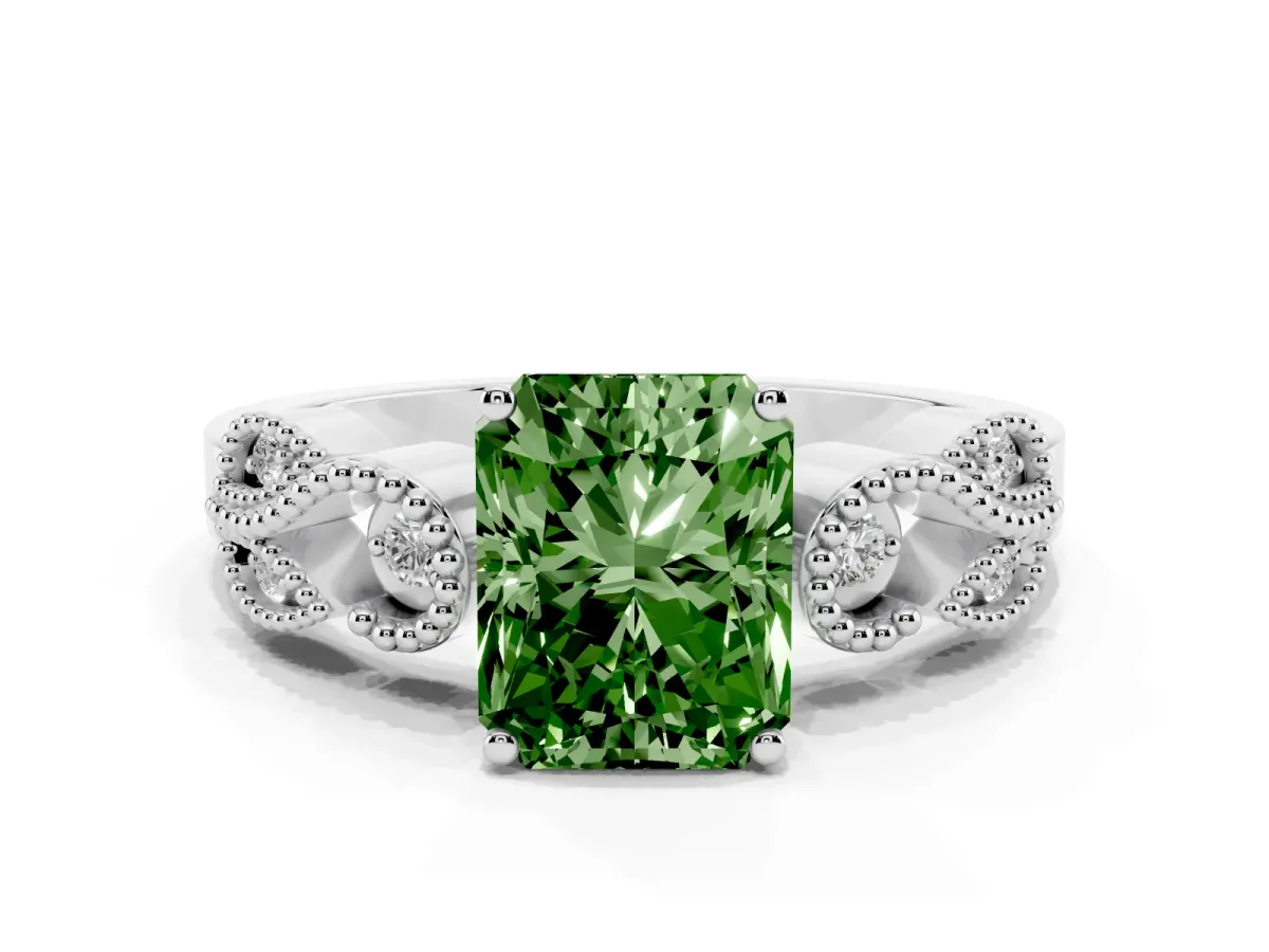 Fancy Green Princess Cut Solitaire Milgrain Leaf Band with Prong Setting Silver