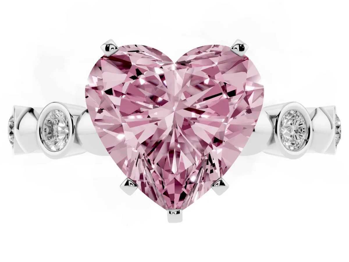 Fancy Pink Heart Cut Solitaire Bezel-Set Diamond Ring with Beaded Band and Four-Prong Setting Silver