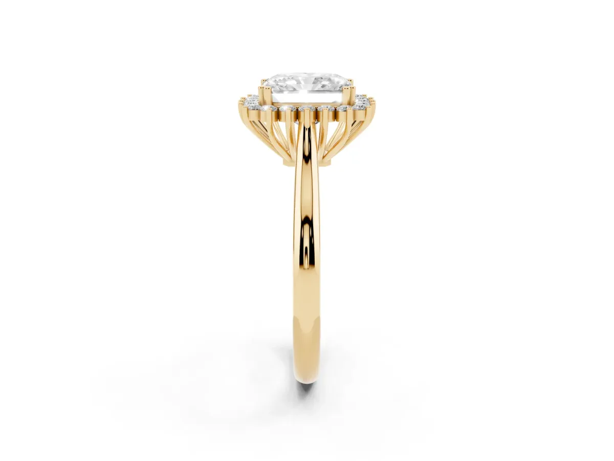 Radiant Cut Cut Diamond Halo Ring with Solitaire Band and Prong Setting Yellow gold